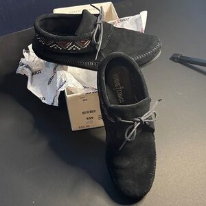 Minnetonka Black Suede Chukka Boots with Patterned Trim